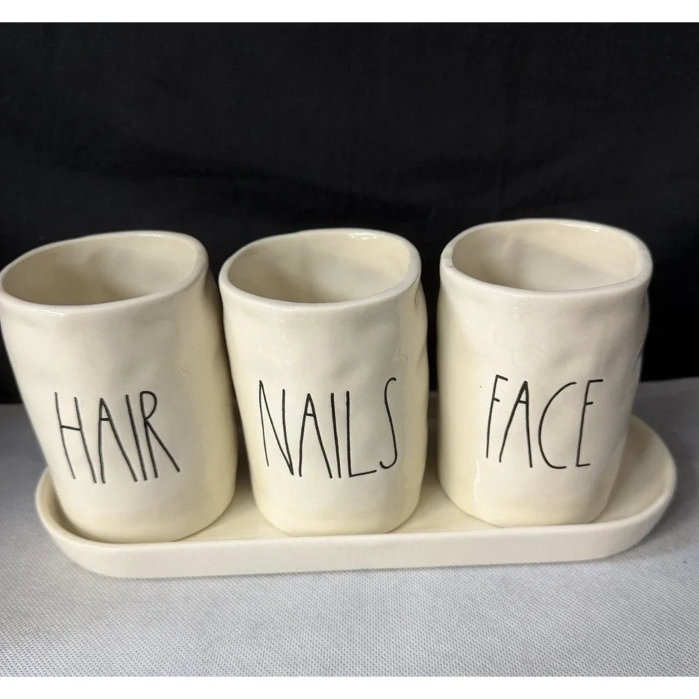 Rae Dunn FACE NAILS HAIR Cosmetic Holders Cup + Tray Long Skinny Letter Font
